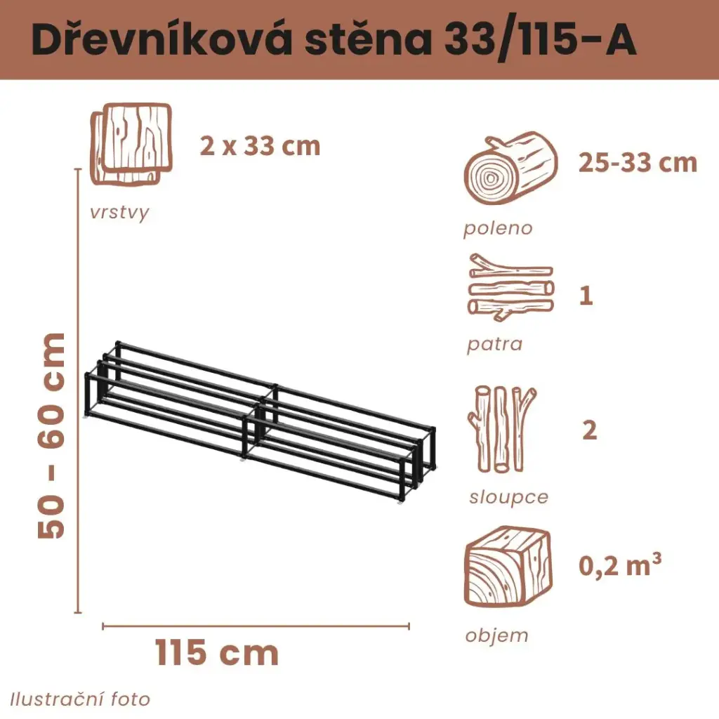 [2x33/115-A] Dřevníková stěna 33/115 cm dvojitá (50 cm, 1 patro)