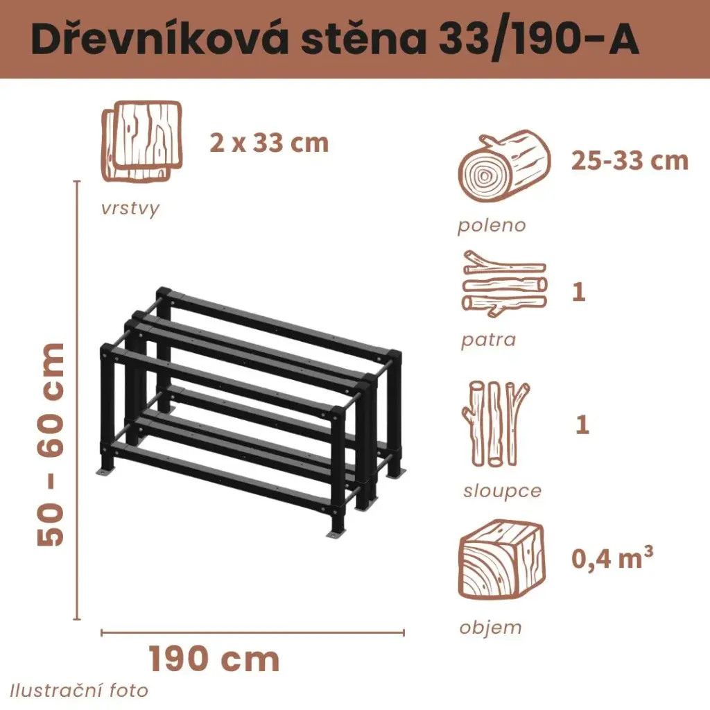 [2x33/190-A] Dřevníková stěna 33/190 cm dvojitá (50 cm, 1 patro)